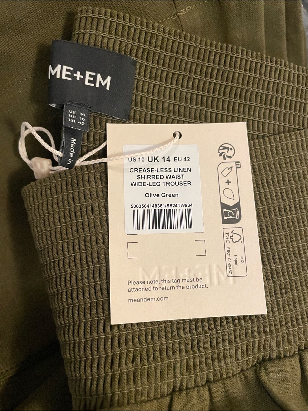 ME+EM Olive Green Shirred Waist Wide-Leg Linen Trousers